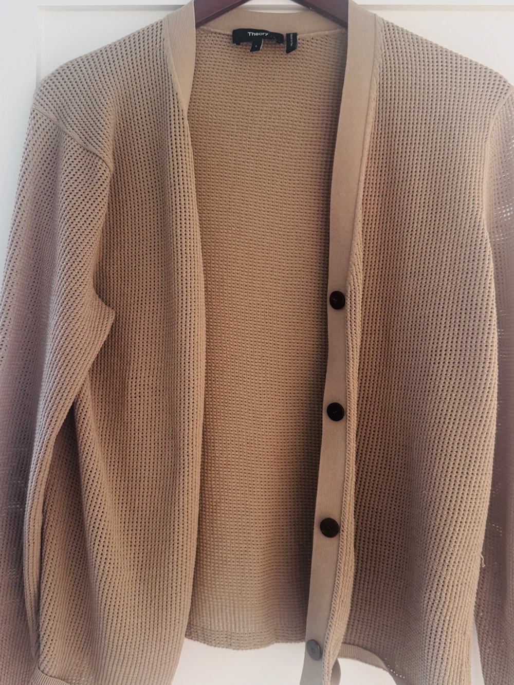 Theory Beige Open-Weave Button Cardigan Sweater size L but better for Medium